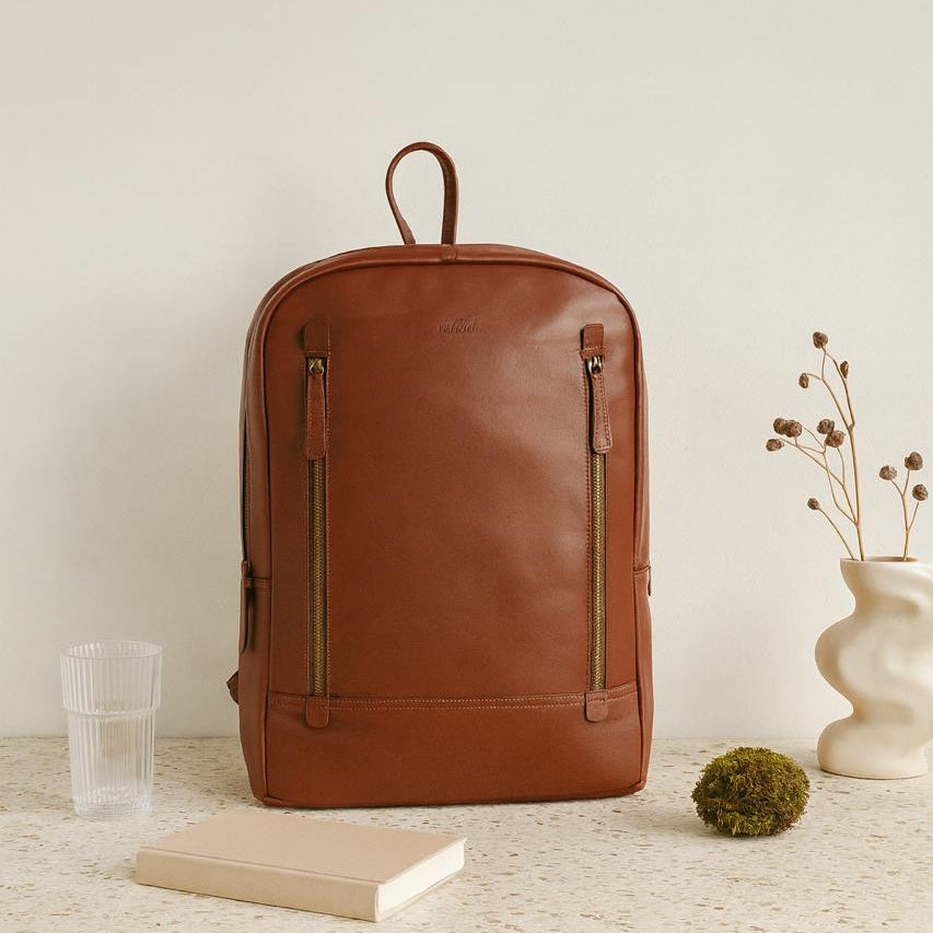 Full-Grain Leather Laptop Backpack with Dual Front Zippers & Padded Interior