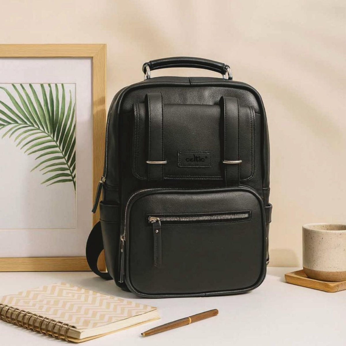 Premium Full-Grain Leather Laptop Backpack with Multi-Zip Compartments & Top Handle
