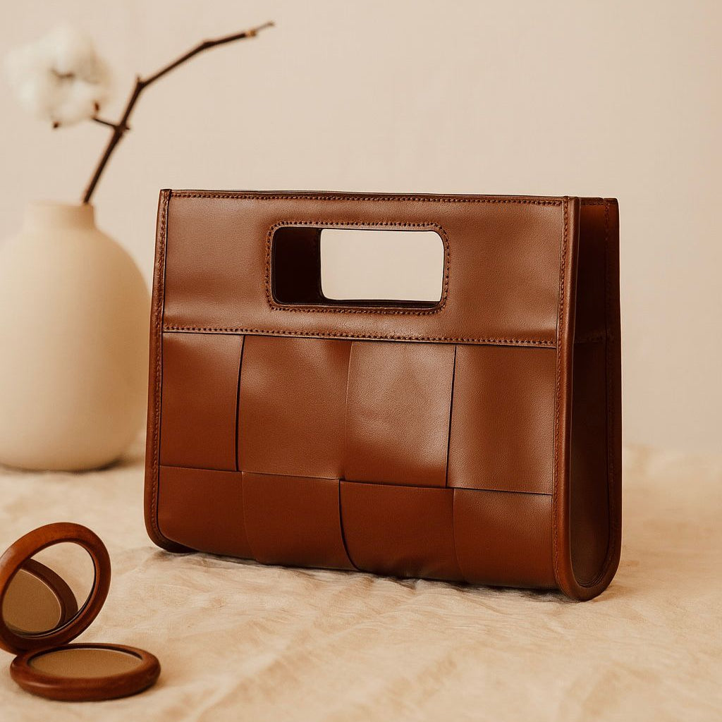 Brown Woven Leather Clutch Bag Elegant Handcrafted Design