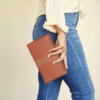Premium Genuine Leather Studded Wristlet Sling  with Dual Zip Compartments for Women