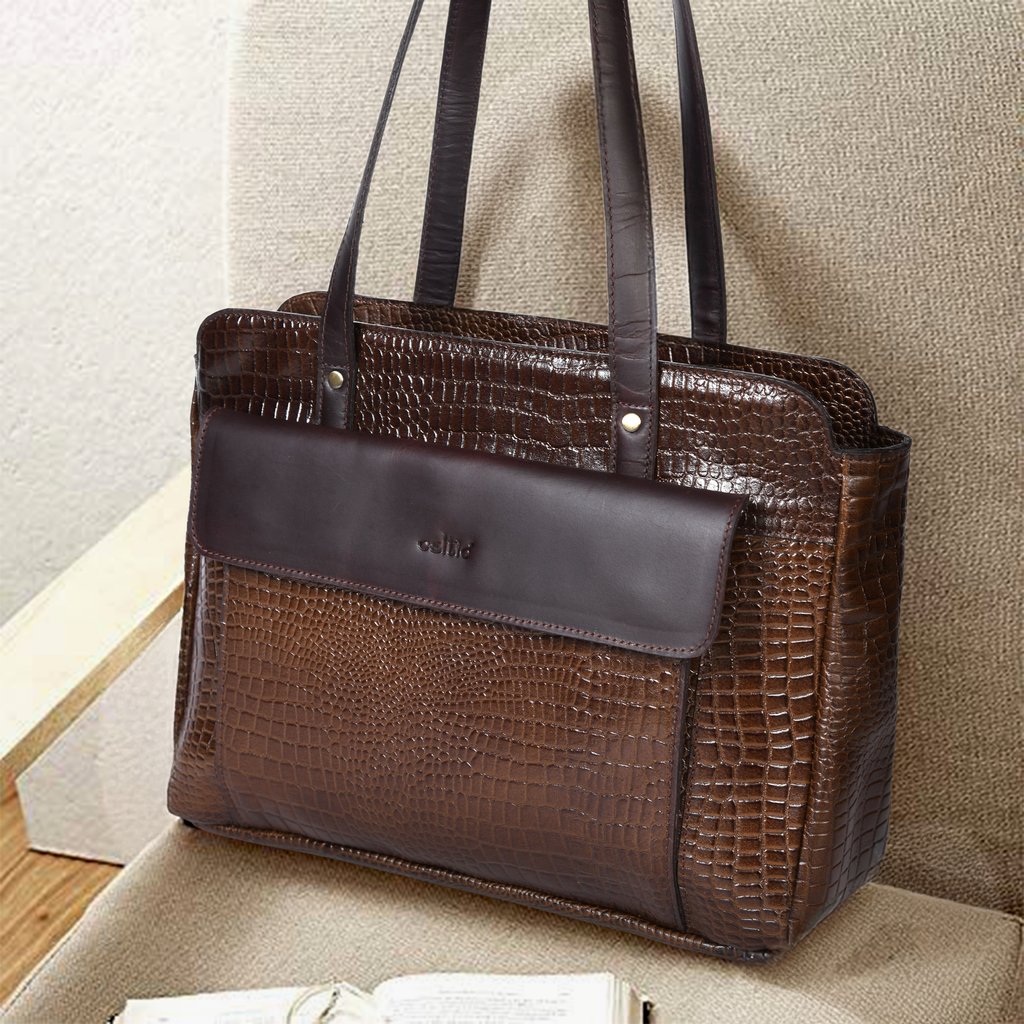 Premium Croc-Embossed Leather Tote Bag with Zip Compartments & Long Shoulder Straps