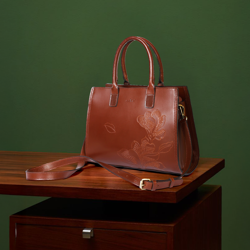 Premium Leather Tote with Floral Embossing, Top Handles, Zip Closure