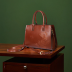 Premium Leather Tote with Floral Embossing, Top Handles, Zip Closure