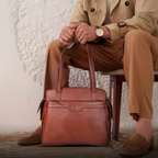 Premium Genuine Leather Structured Shoulder Bag with Dual Zip Compartments & Fixed Straps