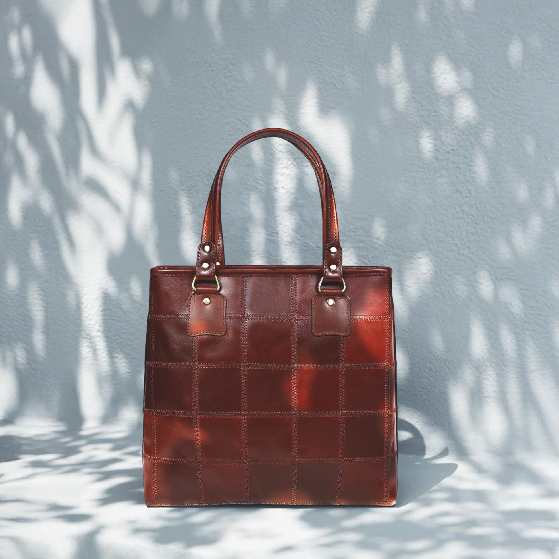Genuine Leather Brown Tote Bag with Check Panel Design and Top Zip Closure