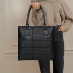 Women Black Leather Tote Bag with Patchwork Design and Spacious Interior