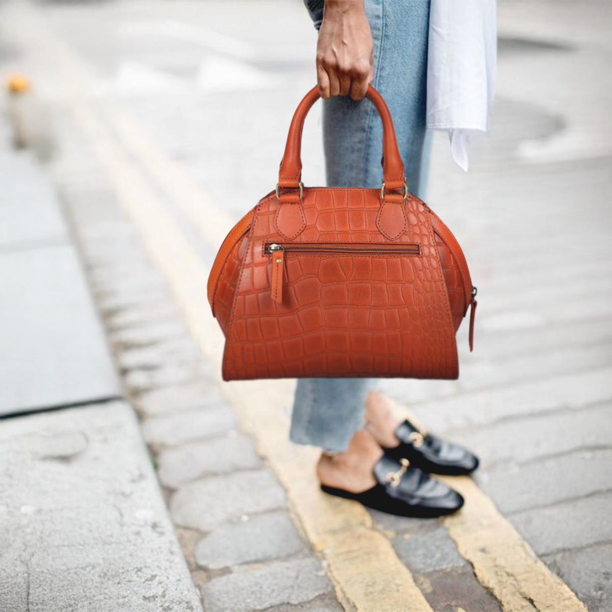 Premium Textured Leather Dome Satchel with Dual Handles, Detachable Strap & Zip Pockets