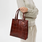 Genuine Leather Brown Tote Bag with Check Panel Design and Top Zip Closure