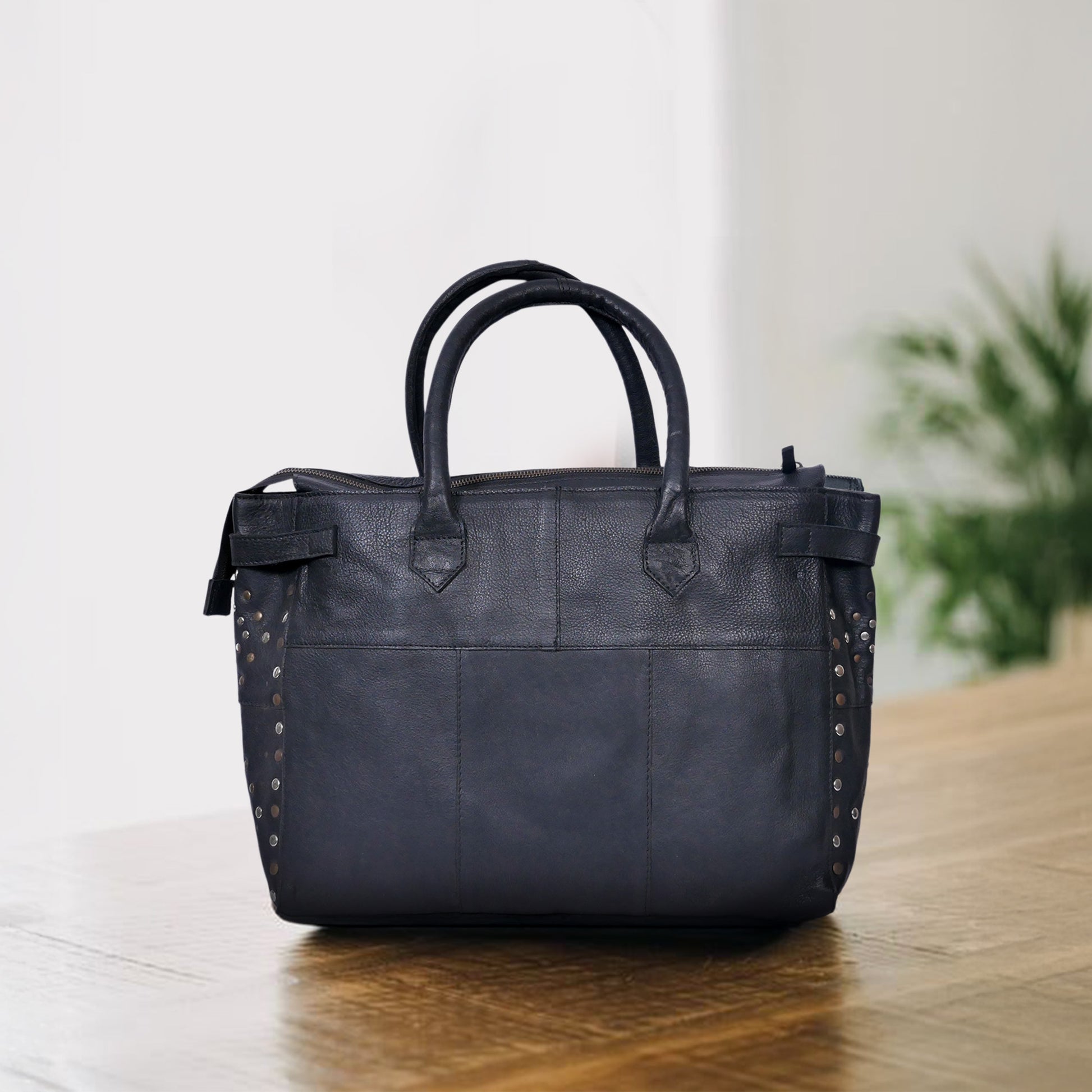 Genuine Leather Tote Bag Black with Top Zip Closure, Inner Zip Pocket & Dual Handles