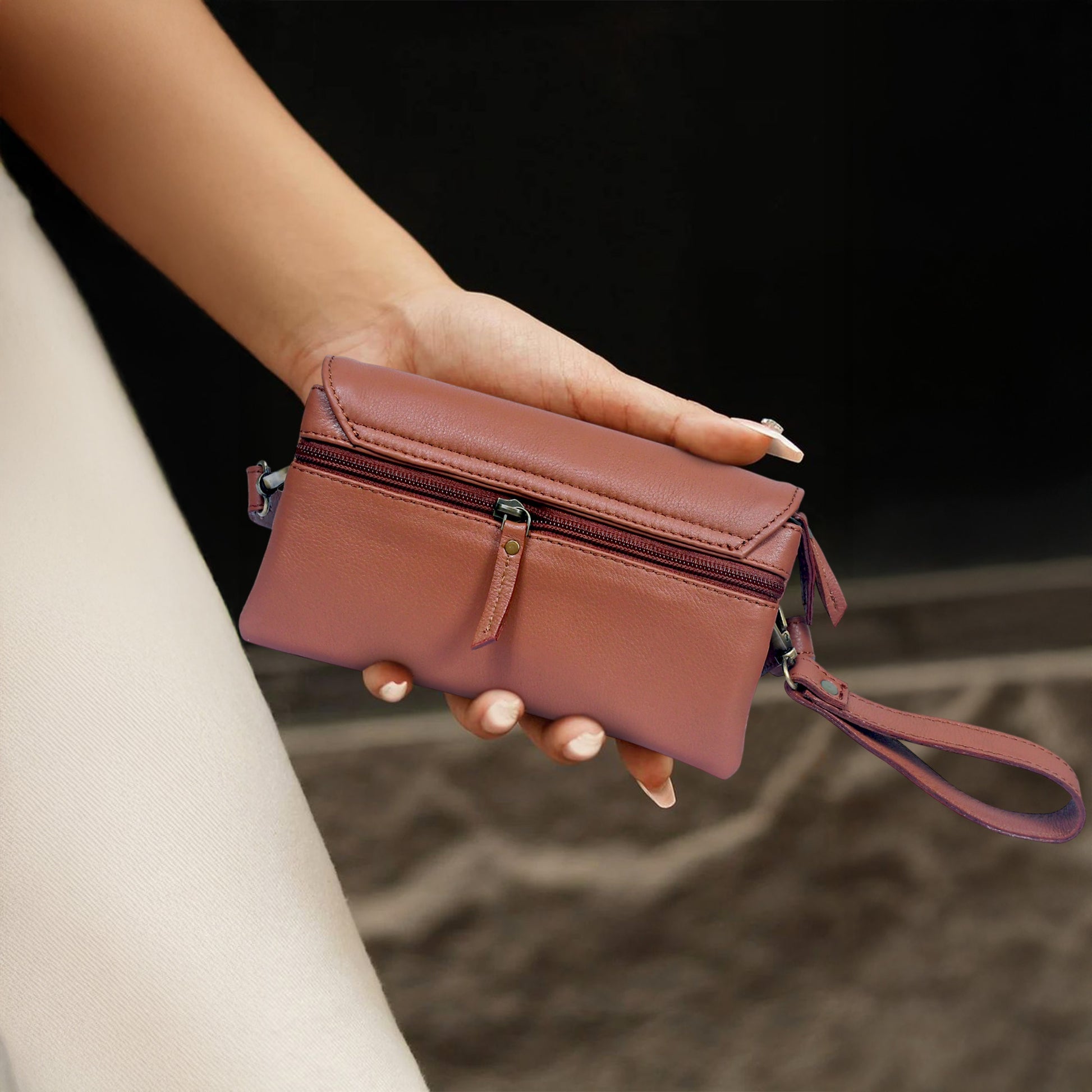Premium Leather Convertible Wristlet & Crossbody Clutch with Dual Zip Compartments