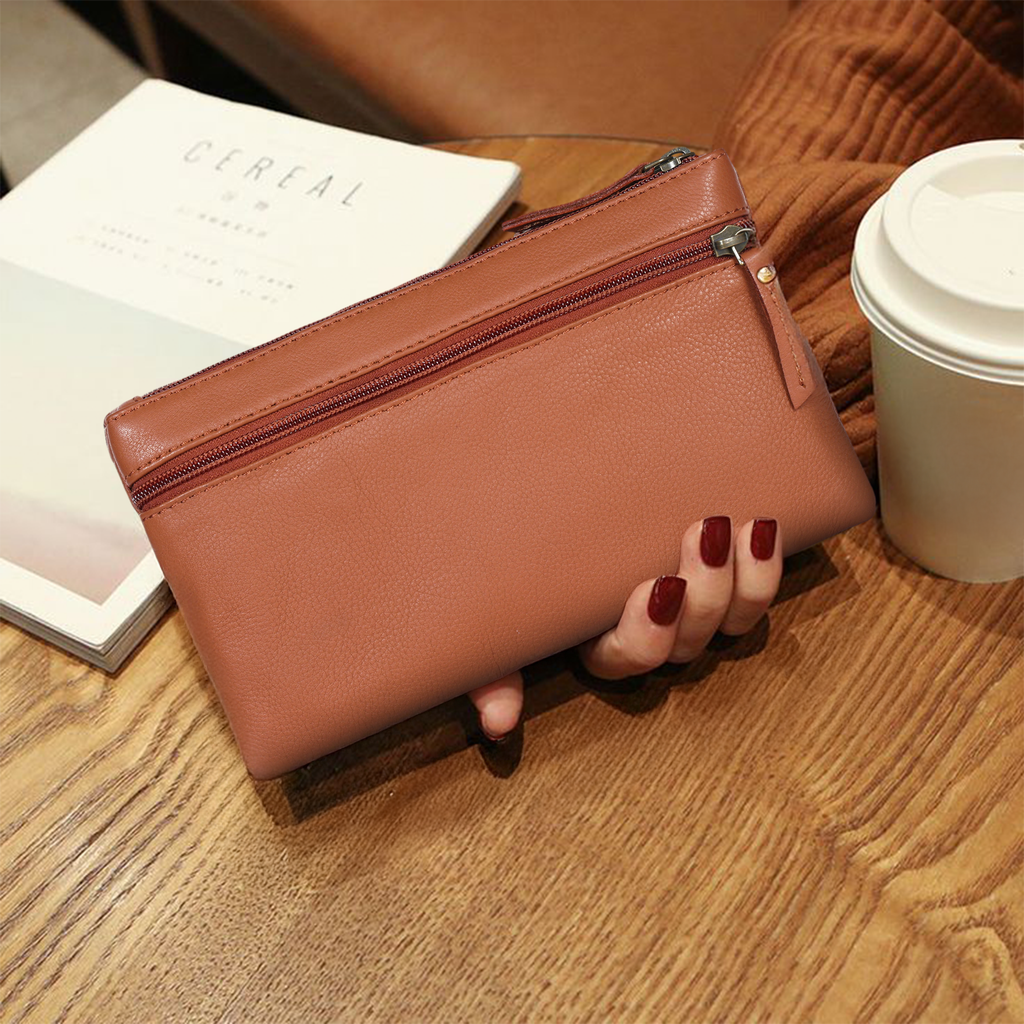 Premium Genuine Leather Studded Wristlet Sling  with Dual Zip Compartments for Women