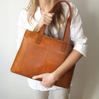 Women’s Leather Tote Bag with Front Pockets – Structured Laptop Shoulder bag