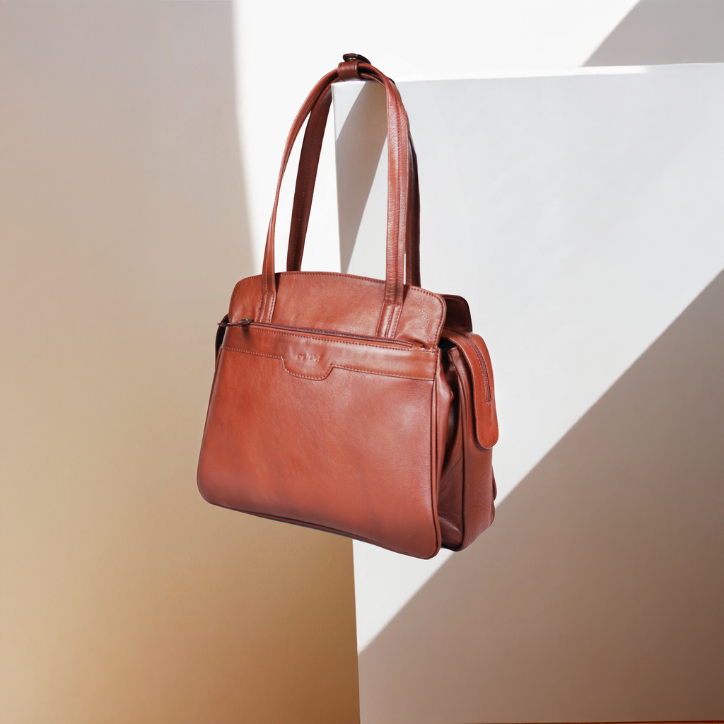 Premium Genuine Leather Structured Shoulder Bag with Dual Zip Compartments & Fixed Straps