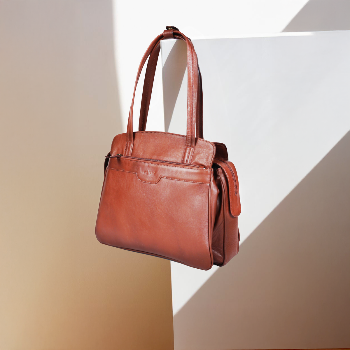 Premium Genuine Leather Structured Shoulder Bag with Dual Zip Compartments & Fixed Straps