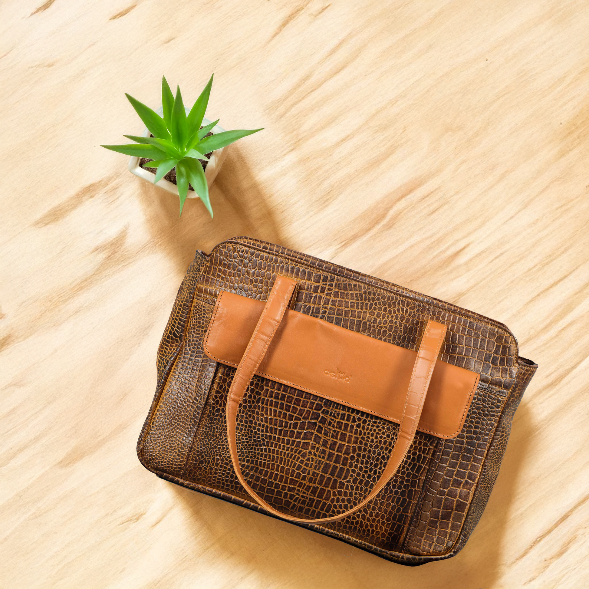 Premium Croc-Embossed Leather Tote Bag with Zip Compartments & Long Shoulder Straps