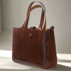 Full-Grain Leather Structured Shopper Tote with Dual Compartments & Snap Closure