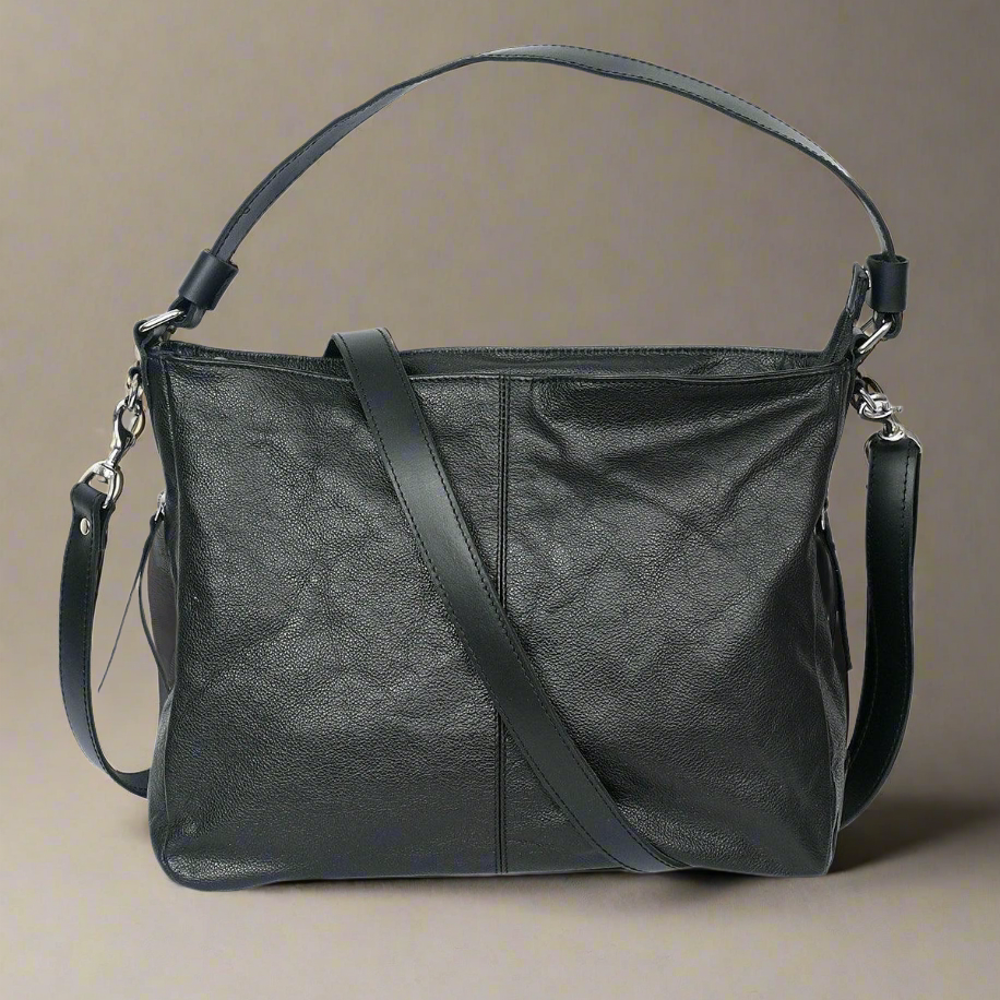 Premium Genuine Leather Black Shoulde tote  Bag with Minimal Silhouette and Zip Closure