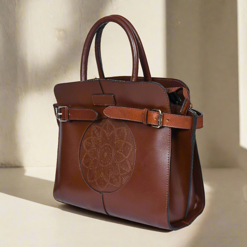 Premium Handcrafted Leather Satchel hand Bag with Embossed Front Panel