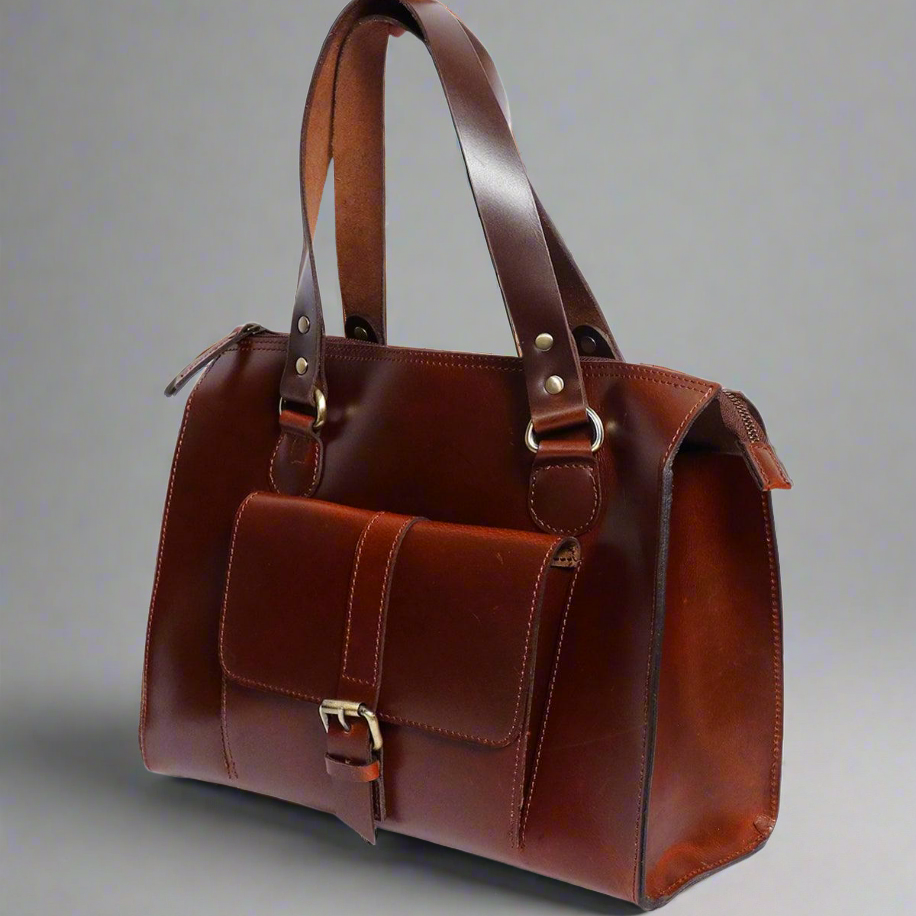 Classic Structured Handbag with Front Buckle Pocket & Top Handles