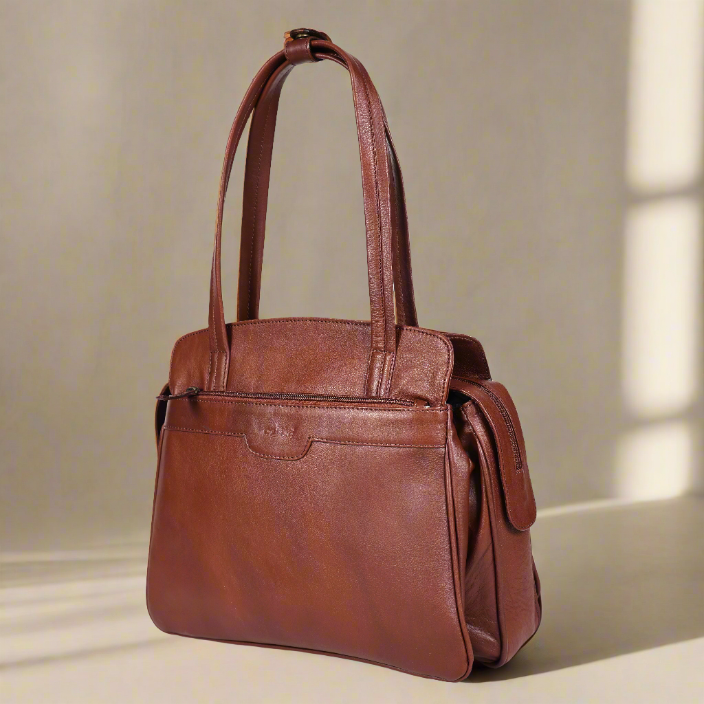 Premium Genuine Leather Structured Shoulder Bag with Dual Zip Compartments & Fixed Straps