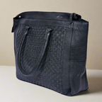 Genuine Leather Tote Bag Black with Woven Front, Zip Closure & Dual Carry Handles