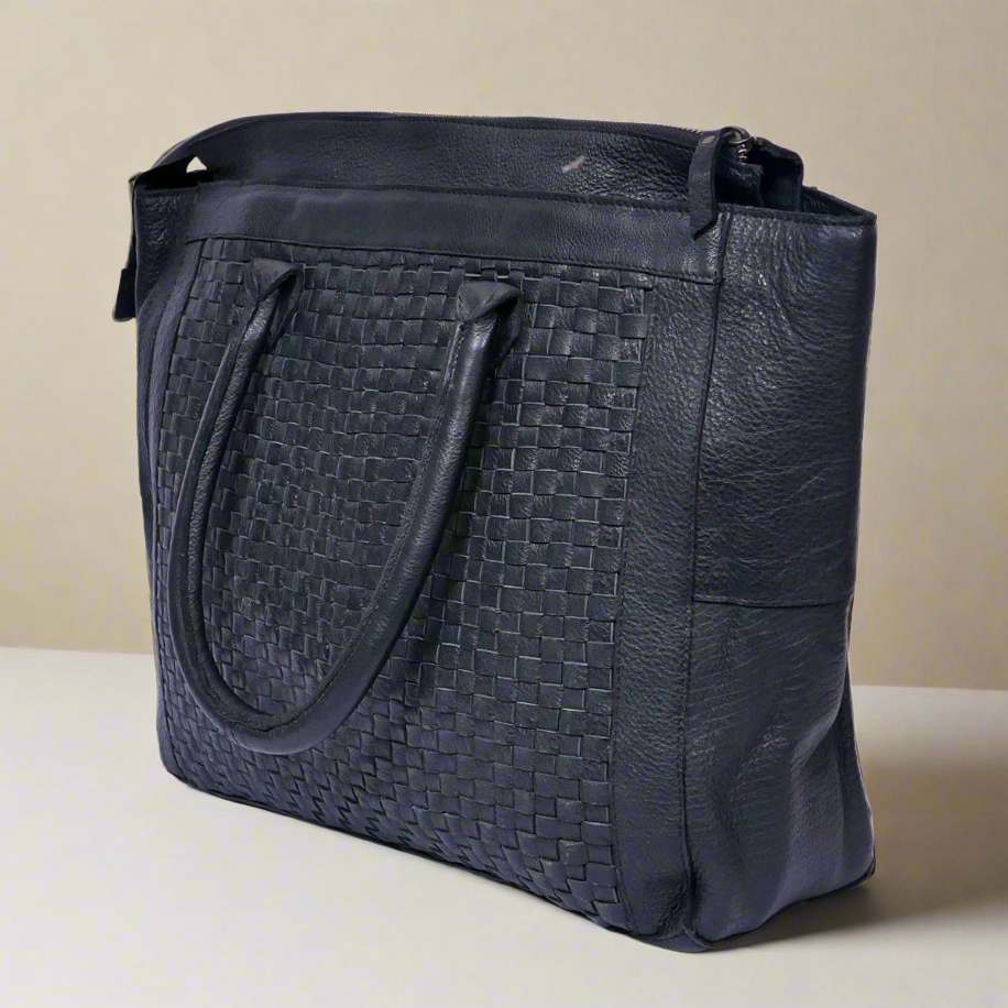 Genuine Leather Tote Bag Black with Woven Front, Zip Closure & Dual Carry Handles