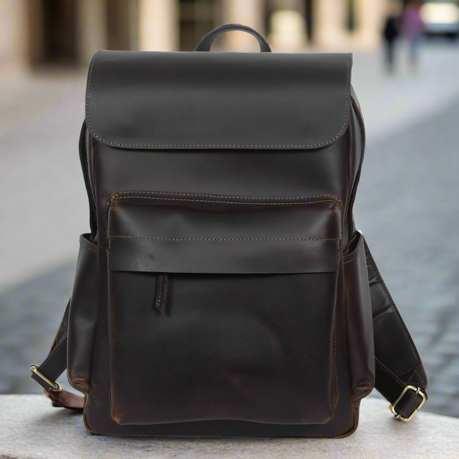Full-Grain Leather Backpack with Structured Body and Spacious Main Compartment