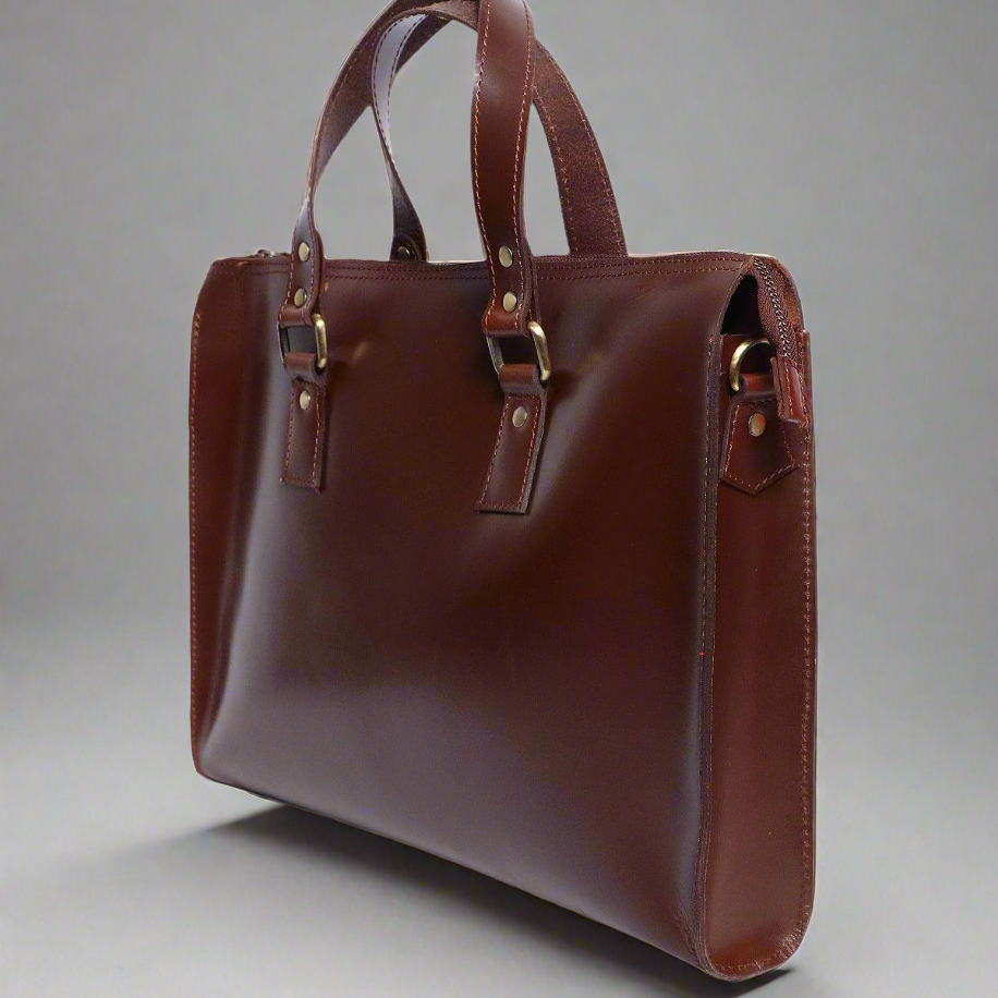 Structured Leather Laptop Bag with Top Handle & Detachable Shoulder Strap