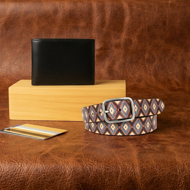 Vintage Silver Buckle Belt & Sleek Leather Wallet Combo Everyday Essential Set
