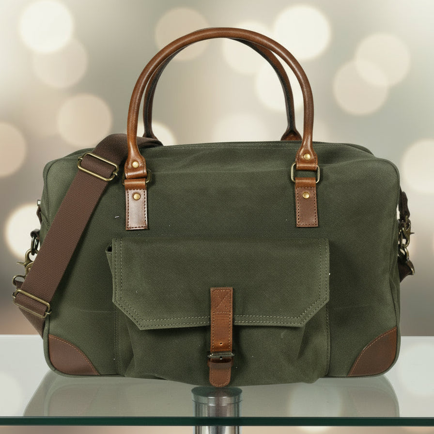 Olive Green Canvas Duffle Bag with Leather Trim Travel, Gym & Weekend Carry Bag