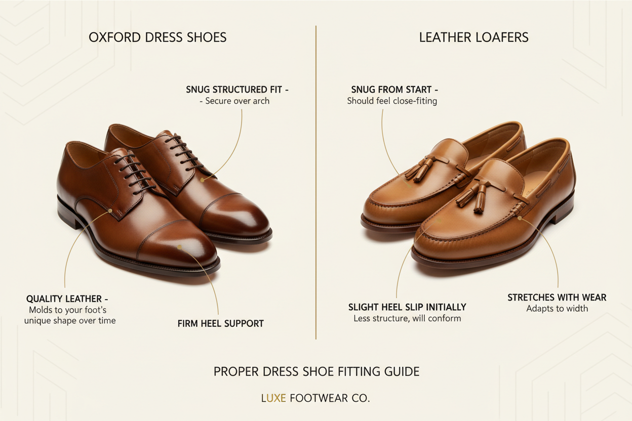 Oxfords & Dress Shoes: These are typically designed to have a more precise and structured fit. Ensure a snug fit without being restrictive, as high-quality leather will mold to your foot over time.
Loafers: A proper loafer fit should be snug from the start. They will stretch slightly and conform to your foot with wear. A small amount of heel slip is normal initially but should diminish as the sole becomes more flexible.
